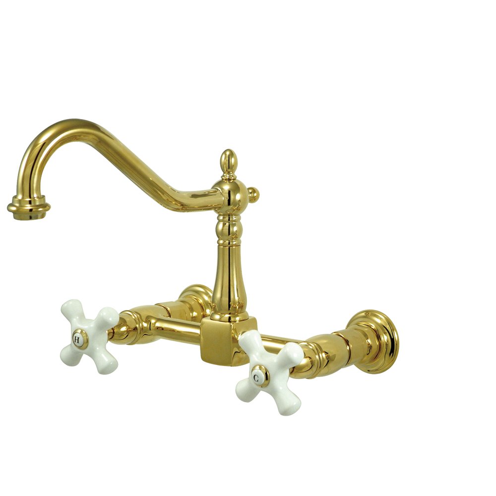 Kingston Brass KS1242PX Heritage Wall Mount 8-Inch Center Kitchen Faucet, Porcelain Cross Handle, 8-1/2-Inch, Polished Brass