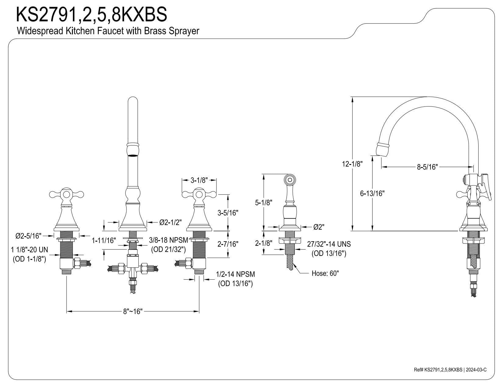 Kingston Brass KS2792KXBS Governor Deck Mount Kitchen Faucet with Brass Sprayer, 8-1/4-Inch, Polished Brass