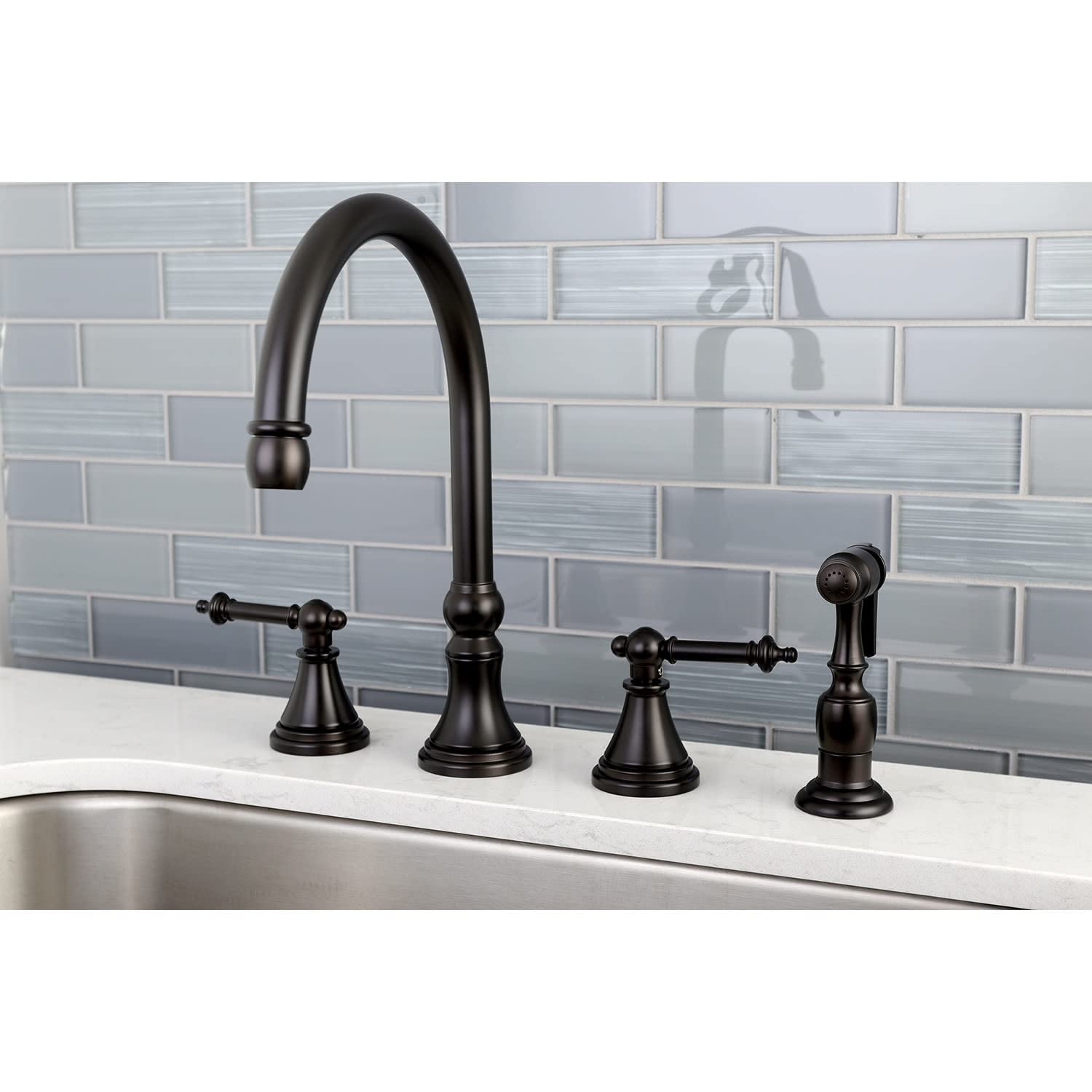 Kingston Brass KS2792KXBS Governor Deck Mount Kitchen Faucet with Brass Sprayer, 8-1/4-Inch, Polished Brass