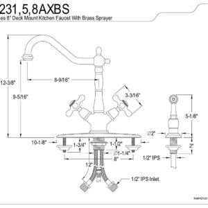 Kingston Brass KS1238AXBS Heritage Deck Mount Kitchen Faucet with AX Handle and Brass Sprayer, 8-1/2", Brushed Nickel