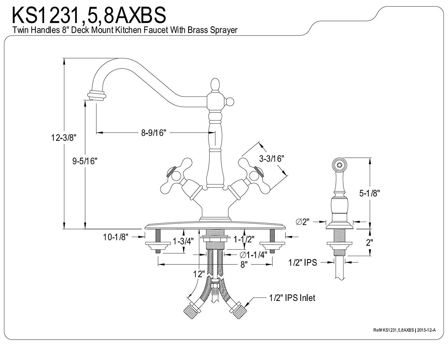 Kingston Brass KS1238AXBS Heritage Deck Mount Kitchen Faucet with AX Handle and Brass Sprayer, 8-1/2", Brushed Nickel