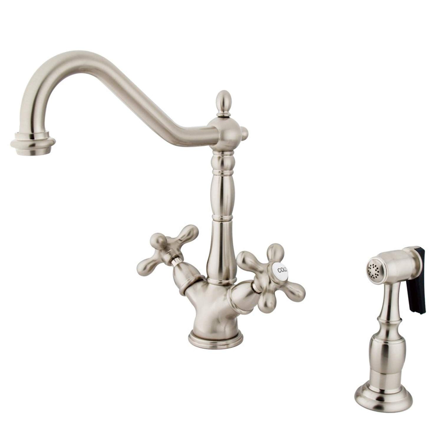 Kingston Brass KS1238AXBS Heritage Deck Mount Kitchen Faucet with AX Handle and Brass Sprayer, 8-1/2", Brushed Nickel