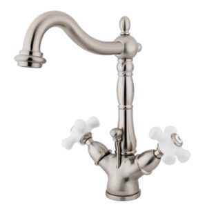 kingston brass ks1438px deck mount lavatory faucet with porcelain cross handle and brass pop-up, 8-1/4", brushed nickel