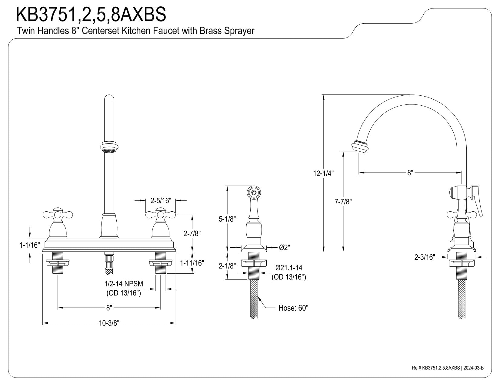 Kingston Brass KB3755AXBS Brass Cross Handle Centerset Deck Mount Kitchen Faucet, 8", Bronze