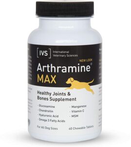 international veterinary sciences ivs arthramine max healthy joints glucosamine supplement for dogs with fish oil, hyaluronic acid, msm, and vitamin c, made in the usa, 60 count