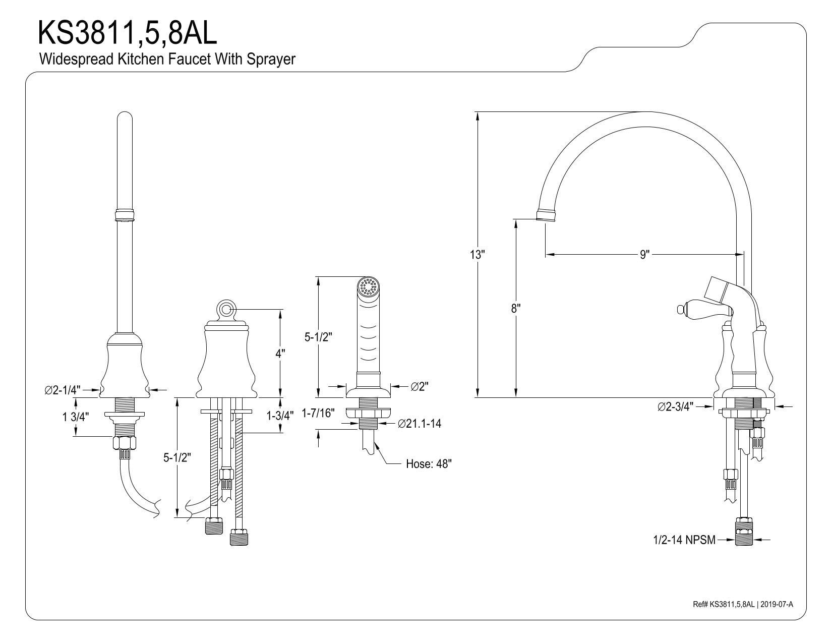 Kingston Brass KS3818AL Restoration Widespread Kitchen Faucet with ABS Sprayer, 9-Inch, Brushed Nickel