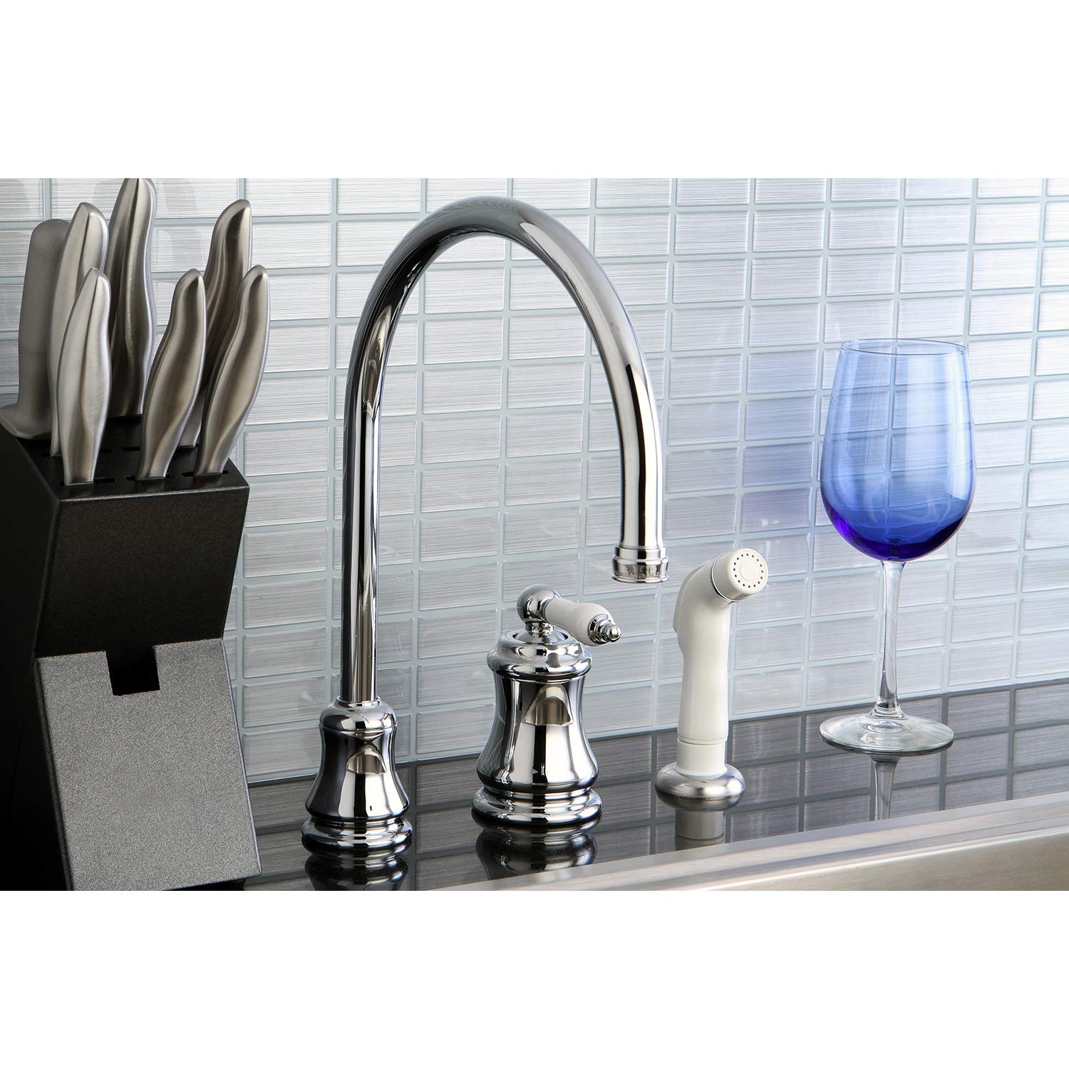 Kingston Brass KS3811PL Restoration Widespread Kitchen Faucet with Plastic Sprayer, Polished Chrome