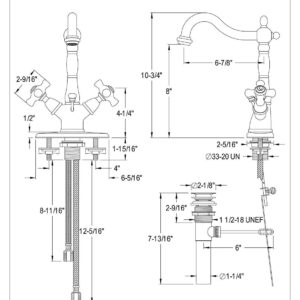 Kingston Brass KS1438PX Deck Mount Lavatory Faucet with Porcelain Cross Handle and Brass Pop-Up, 8-1/4", Brushed Nickel