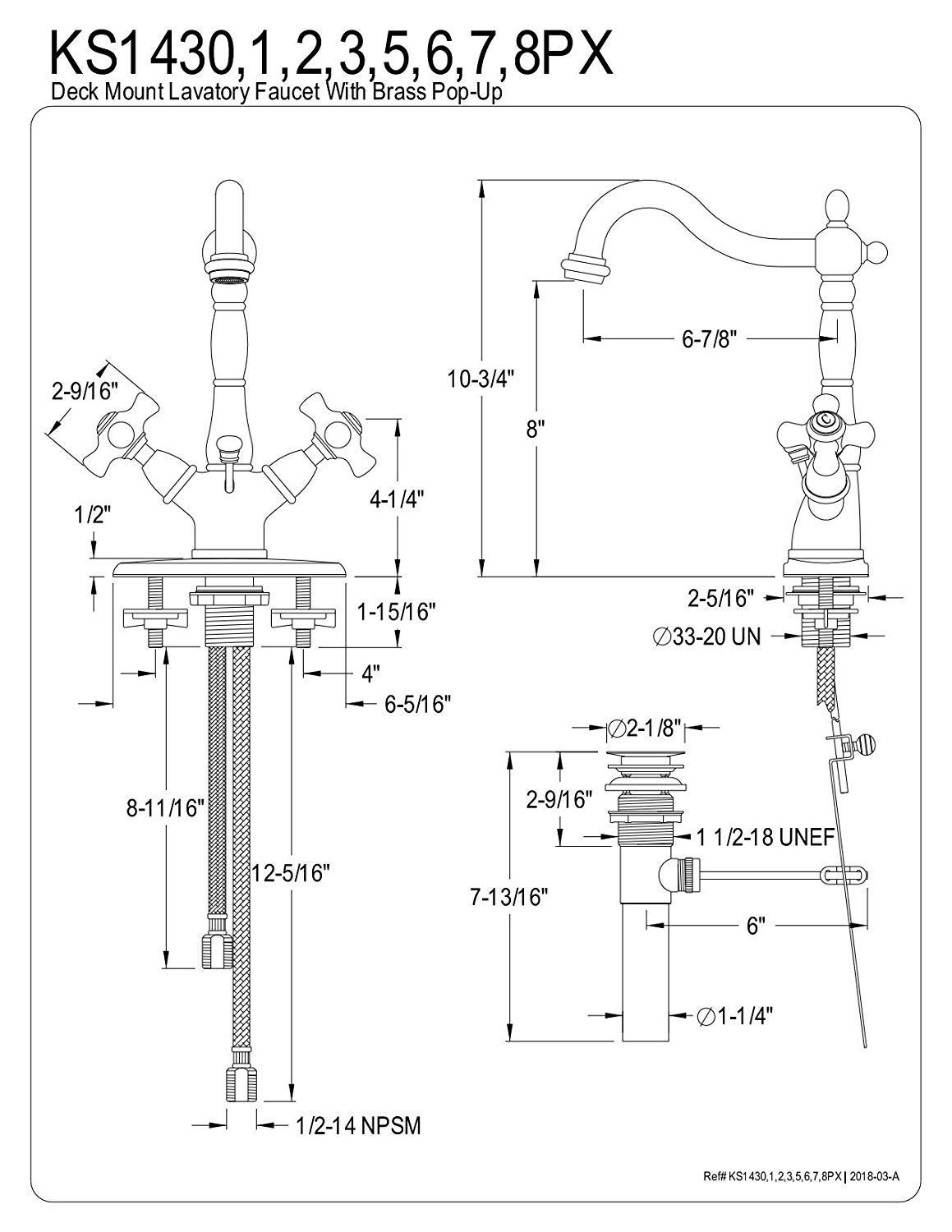 Kingston Brass KS1438PX Deck Mount Lavatory Faucet with Porcelain Cross Handle and Brass Pop-Up, 8-1/4", Brushed Nickel