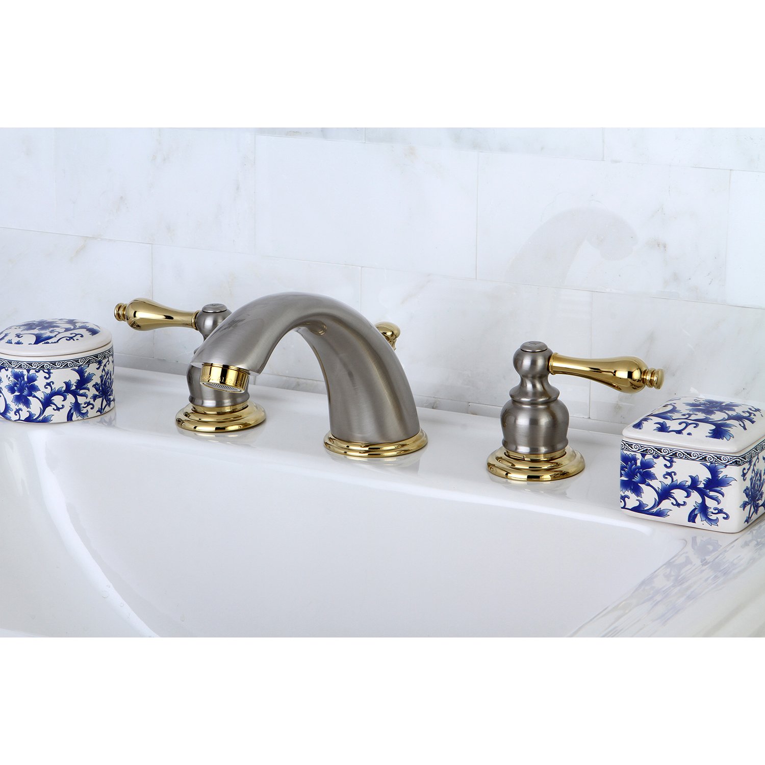 Elements of Design Victorian EB979AL Widespread Lavatory Faucet with Retail Pop-Up, 8-Inch to 16-Inch, Satin Nickel/Polished Brass