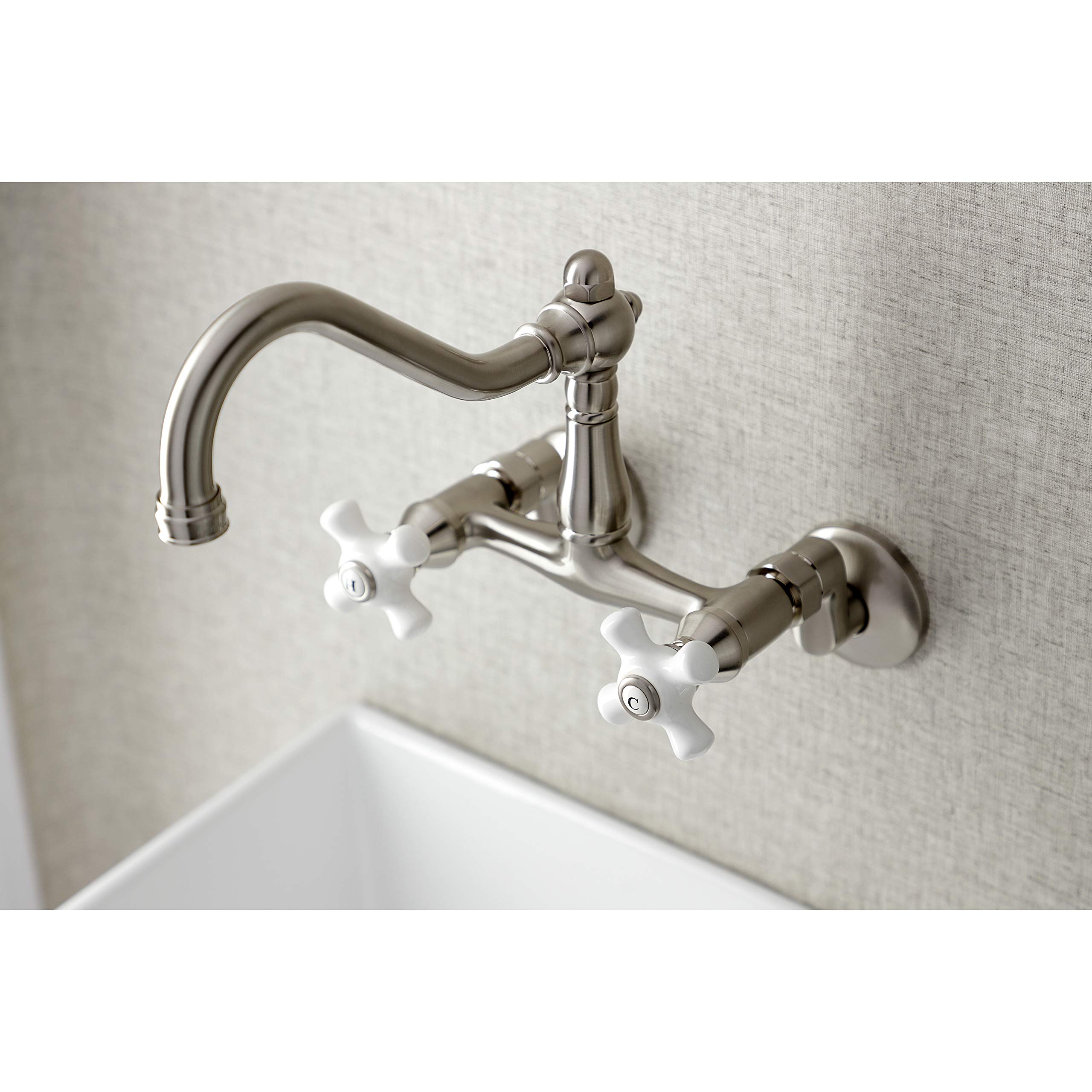 Kingston Brass KS3228PX Vintage Wall Mount Kitchen Faucet, Brushed Nickel, 8.5 x 8 x 6