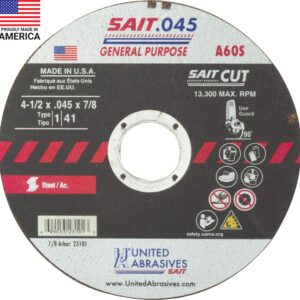 United Abrasives-SAIT 23101 A60S General Purpose Cut-Off Wheels (Type 1/Type 41 Flat) 4 1/2" x .045" x 7/8", 50-Pack