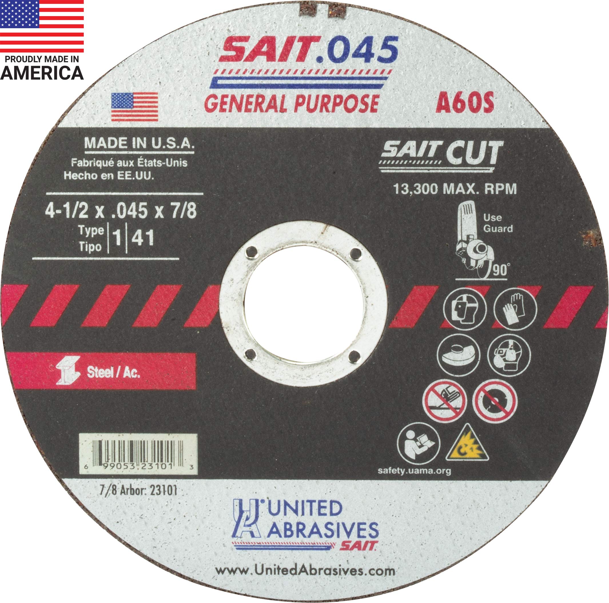 United Abrasives-SAIT 23101 A60S General Purpose Cut-Off Wheels (Type 1/Type 41 Flat) 4 1/2" x .045" x 7/8", 50-Pack