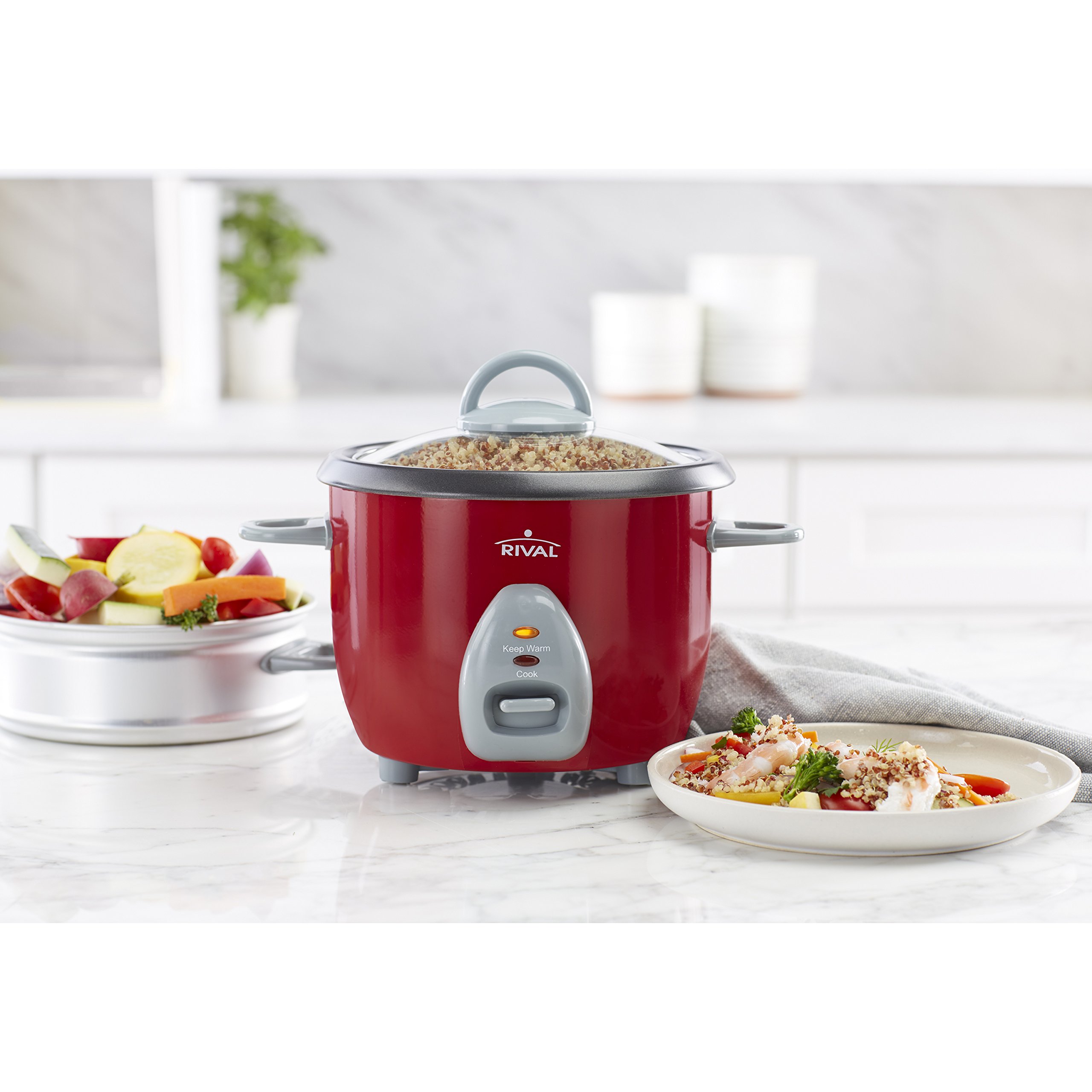 Rival 6-Cup Rice Cooker with Steamer Basket, Red (RC61)