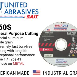 United Abrasives-SAIT 23101 A60S General Purpose Cut-Off Wheels (Type 1/Type 41 Flat) 4 1/2" x .045" x 7/8", 50-Pack