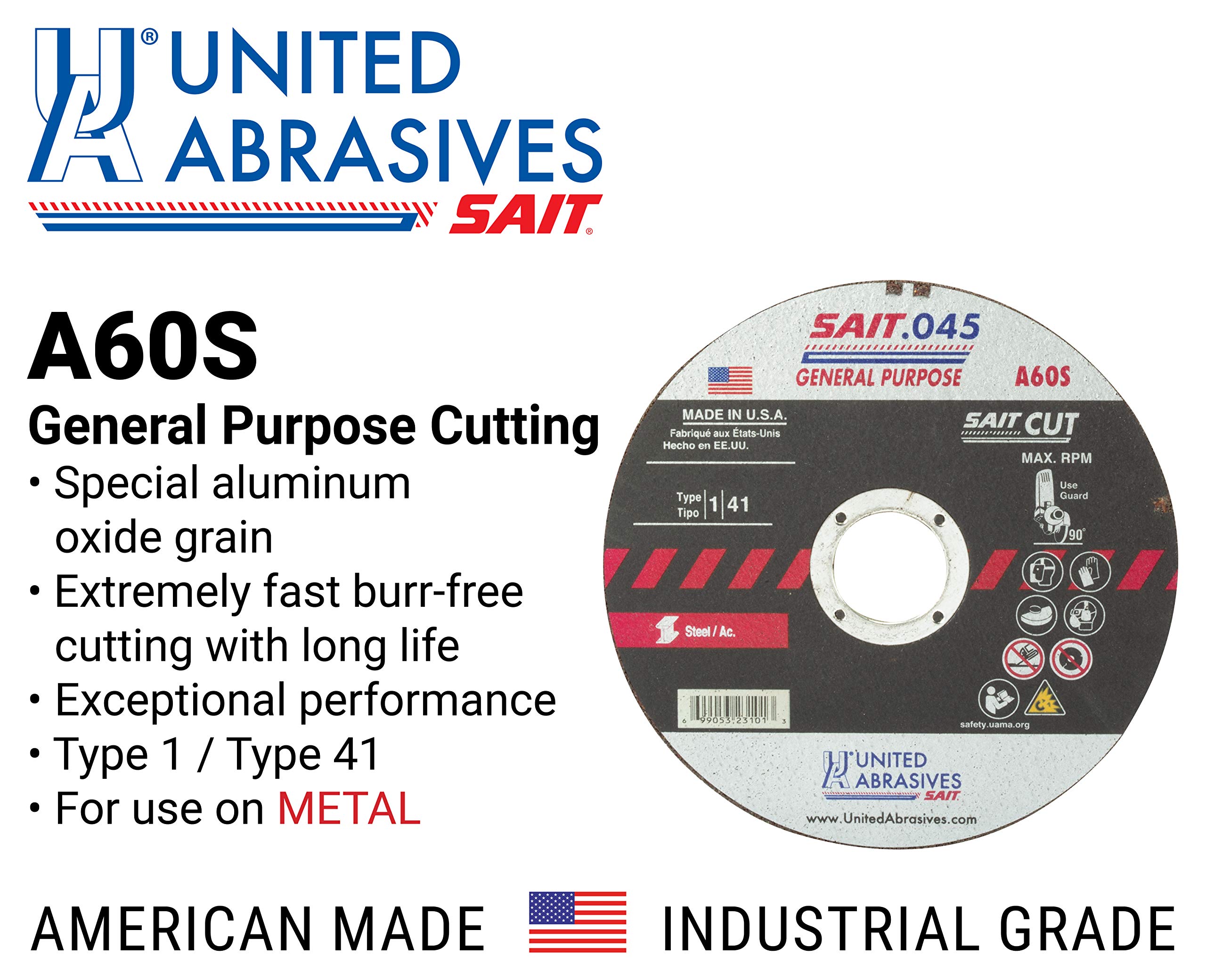 United Abrasives-SAIT 23101 A60S General Purpose Cut-Off Wheels (Type 1/Type 41 Flat) 4 1/2" x .045" x 7/8", 50-Pack