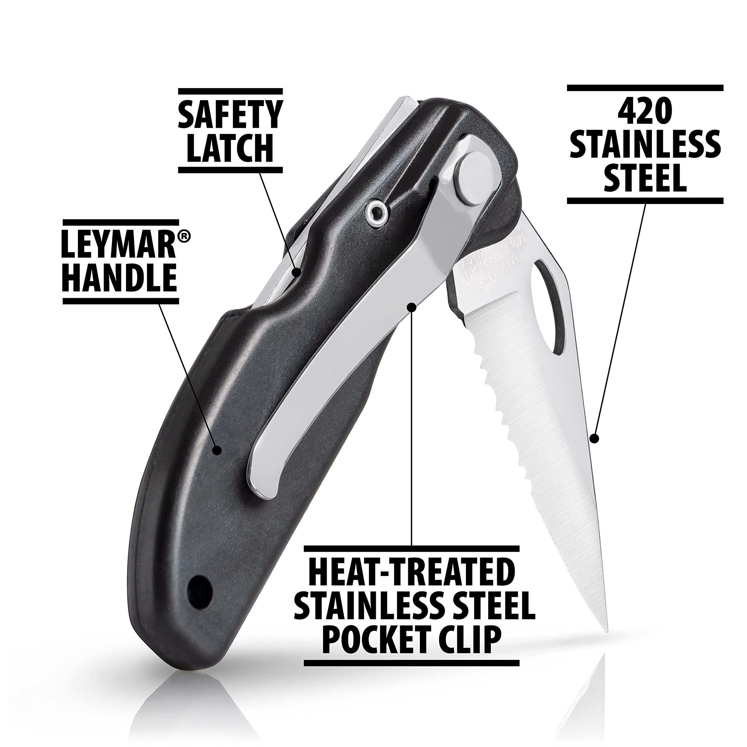 Maxam Lockback 7 (Open) Inch Pocket Knife - Stainless Steel Half Serrated Blade, Textured No-Slip Handle, Carry Clip, Black