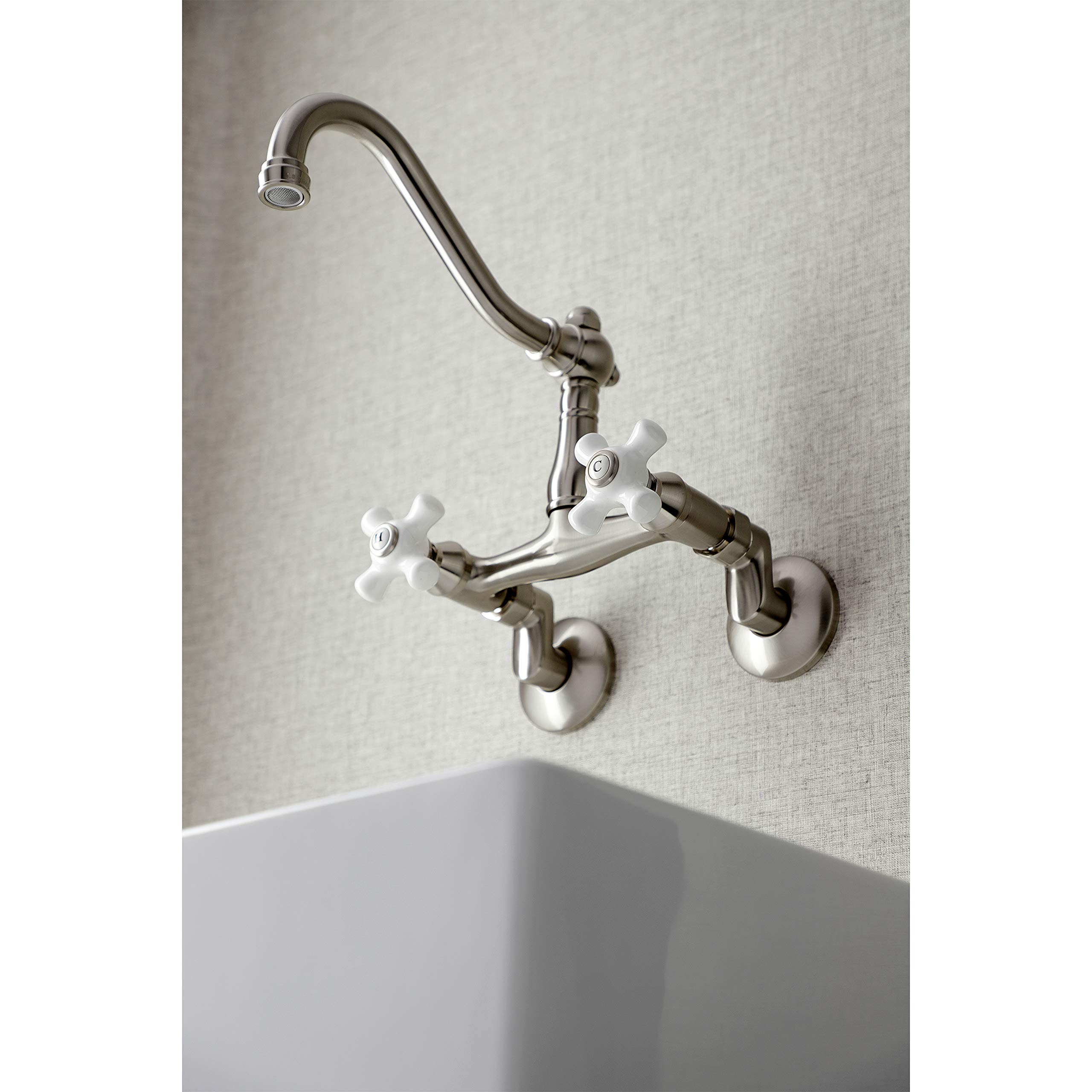 Kingston Brass KS3228PX Vintage Wall Mount Kitchen Faucet, Brushed Nickel, 8.5 x 8 x 6