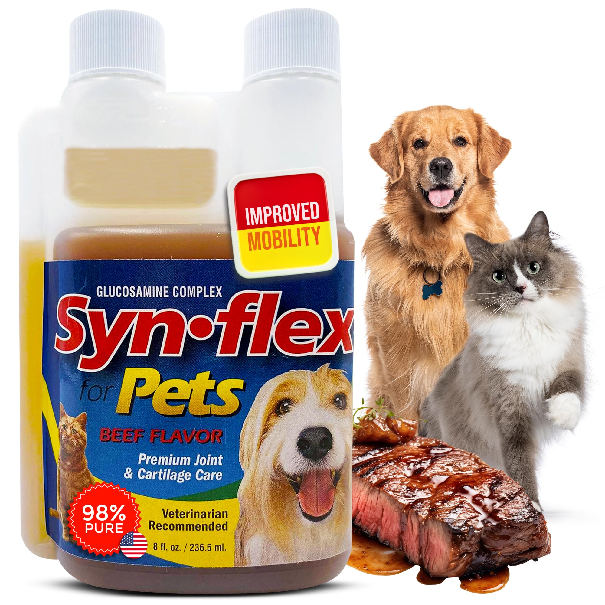 Synflex America Synflex for Pets - Liquid Glucosamine Joint Complex for Dogs, Cats - Senior Canine & Feline Chondroitin Juice Care Supplement - Helps Support Joint and Cartilage Health - Beef Flavor