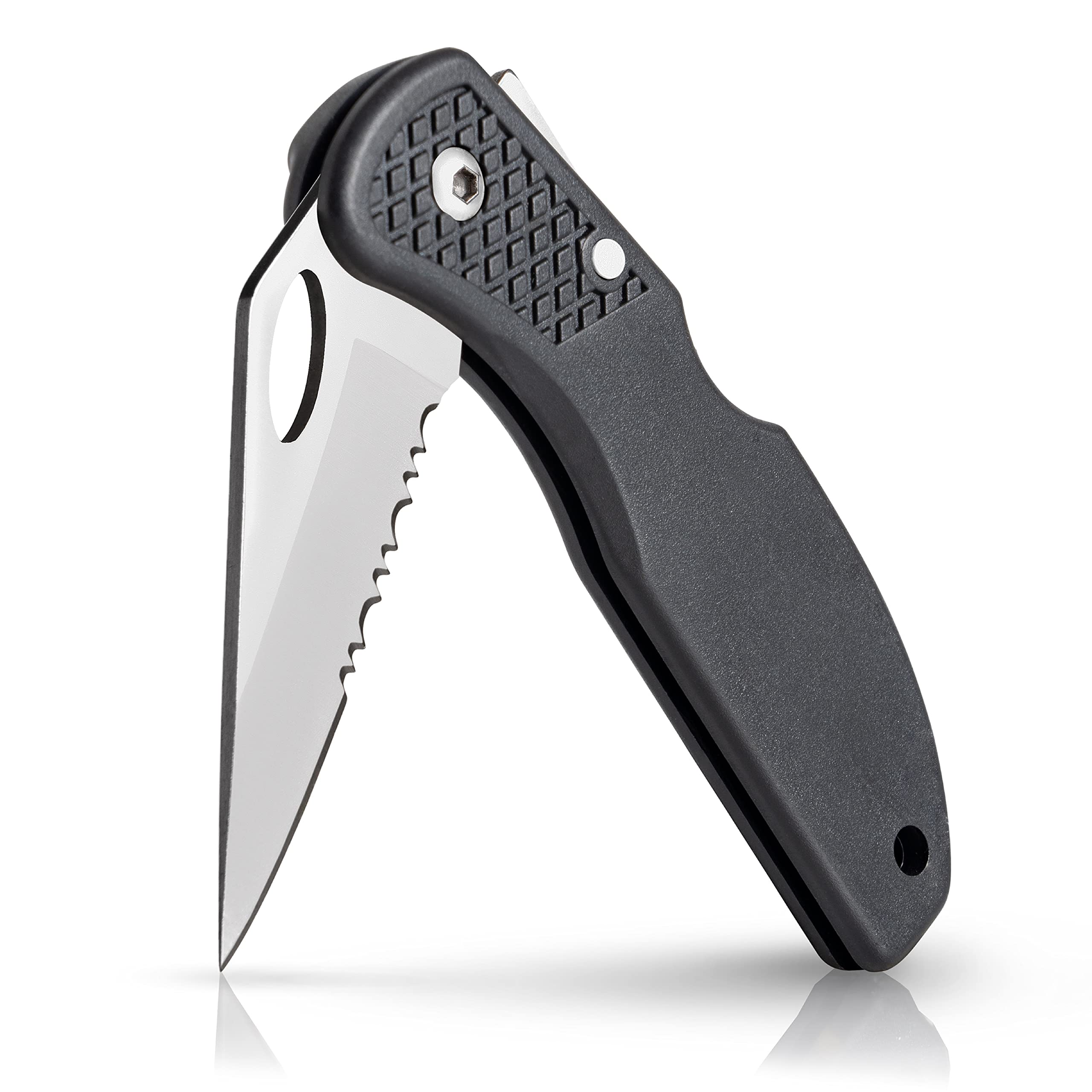 Maxam Lockback 7 (Open) Inch Pocket Knife - Stainless Steel Half Serrated Blade, Textured No-Slip Handle, Carry Clip, Black