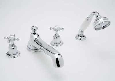 Rohl U.3738X-PN Polished Nickel Edwardian 4 Hole Low Level Spout Deck Bathtub Filler and Handshower, Cross Handles