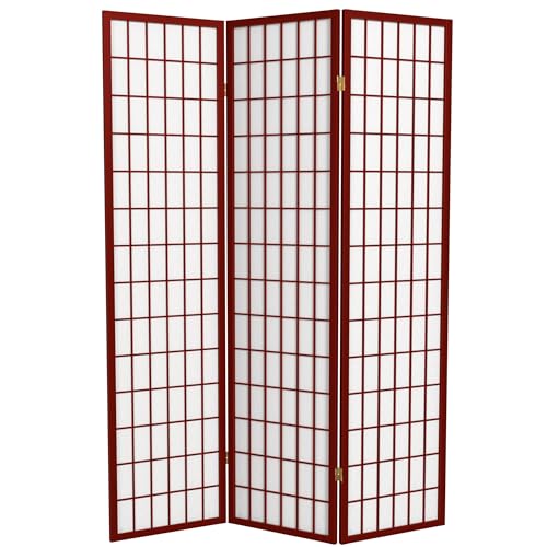 Red Lantern 6 ft. Tall Window Pane Shoji Screen-Rosewood-3 Panels Room Divider