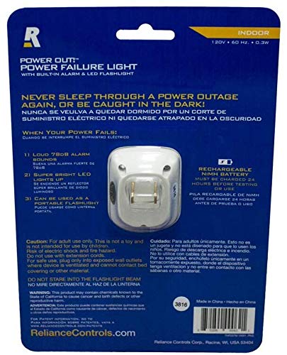 Reliance Controls THP207 Plug-In Power Failure Alarm with LED Flashlight,White