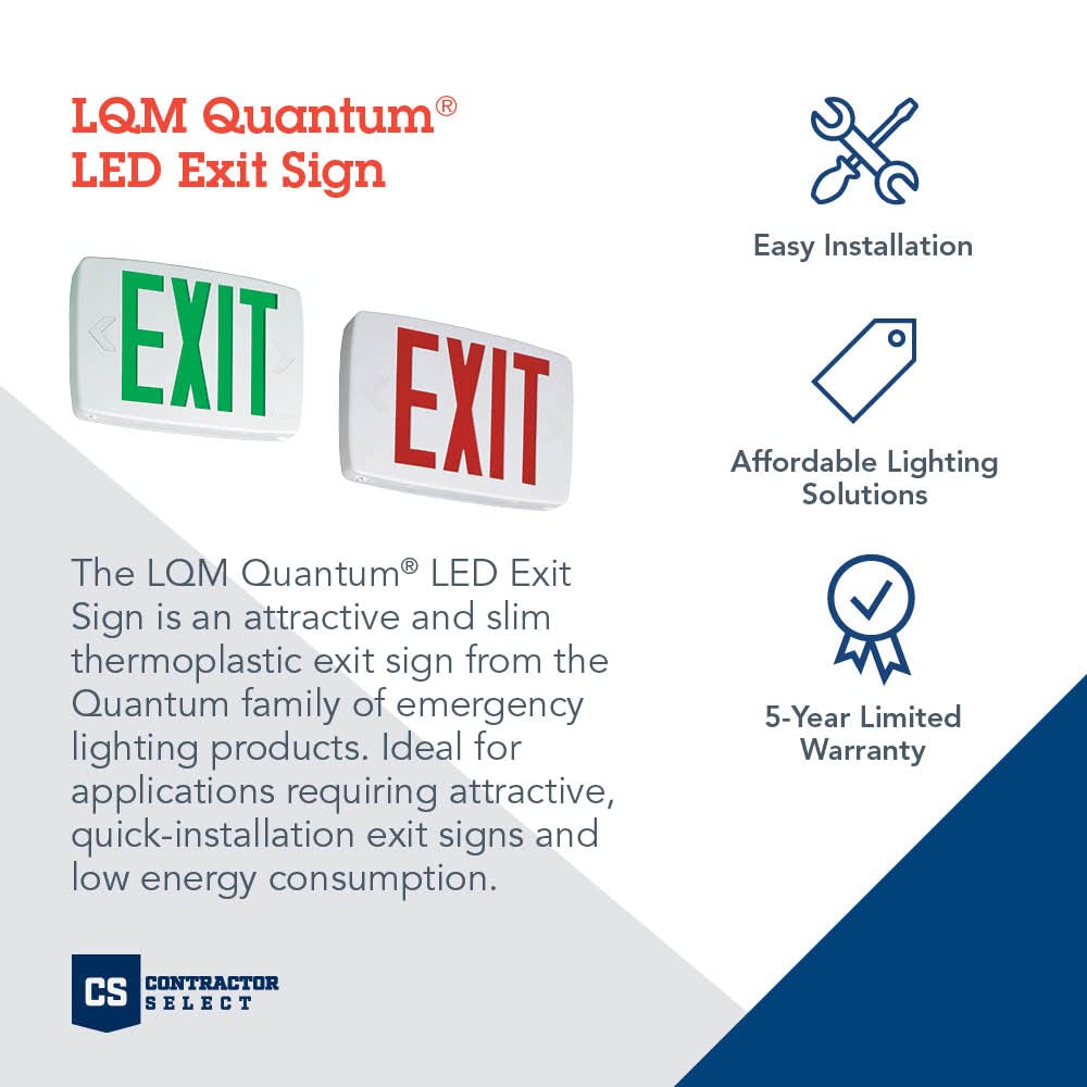 Lithonia Lighting LQM S W 3 R 120/277 EL N M6 Quantum Thermoplastic LED Emergency Exit Sign with Stencil-Faced White Housing and Red Letters with Nickel Cadium battery