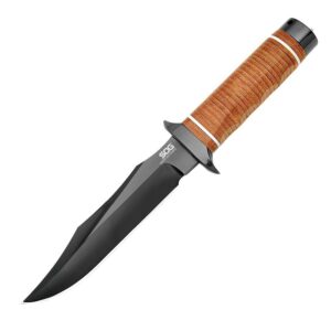 sog super bowie fixed blade sb1t-l - black tini 7.5" aus-8 blade, leather washer handle, leather sheath , brown