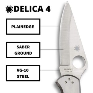 Spyderco Delica 4 Signature Knife with 2.95" Saber-Ground VG-10 Steel Blade and Durable Stainless Steel Handle - PlainEdge - C11P