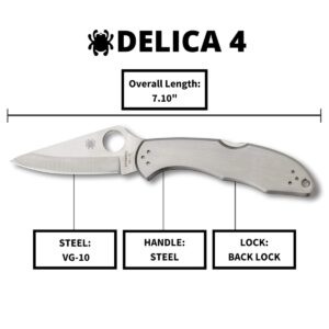 Spyderco Delica 4 Signature Knife with 2.95" Saber-Ground VG-10 Steel Blade and Durable Stainless Steel Handle - PlainEdge - C11P