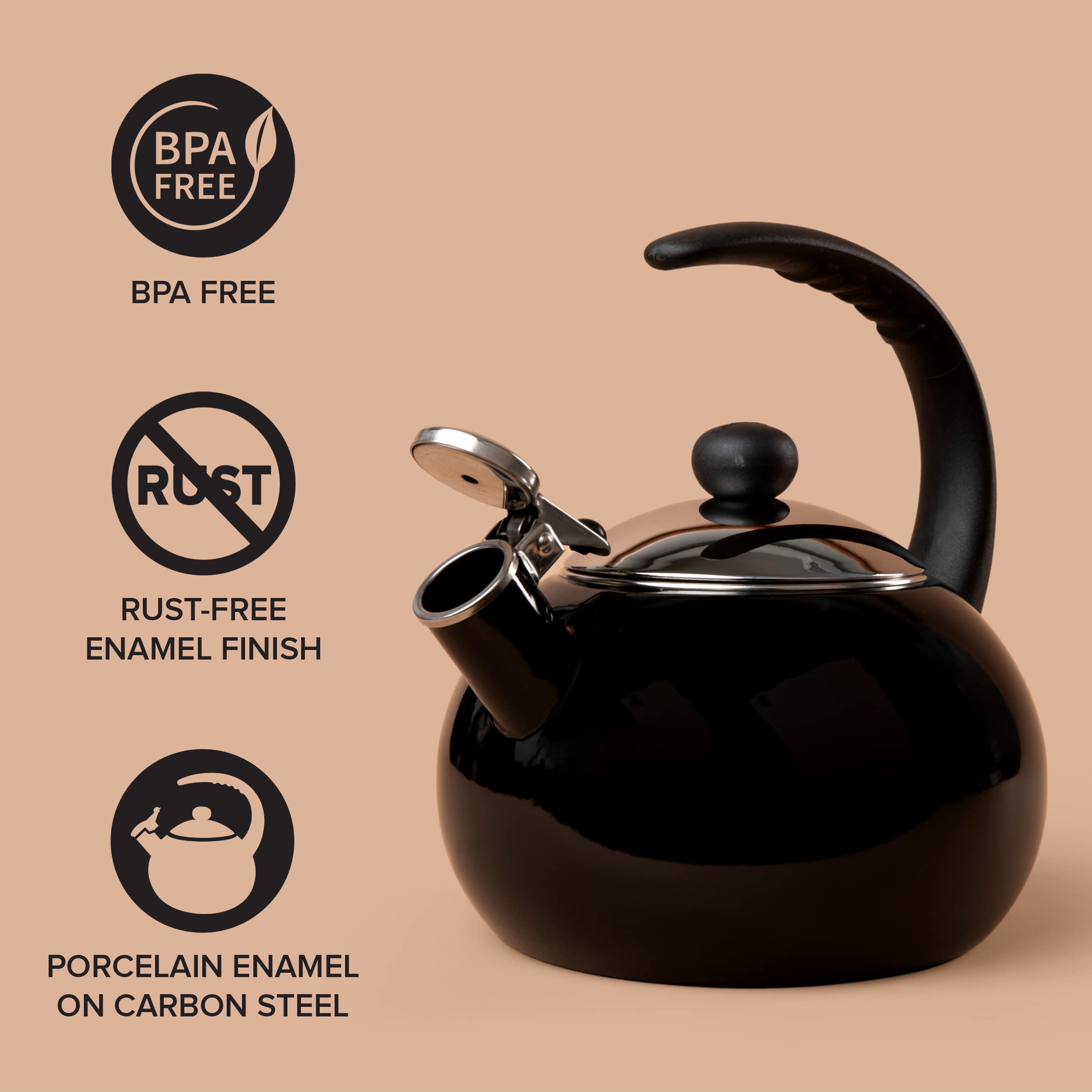 Farberware Luna Water Kettle, Whistling Tea Pot, Works For All Stovetops, Porcelain Enamel on Carbon Steel, BPA-Free, Rust-Proof, Stay Cool Handle, 2.5qt (10 Cups) Capacity (Black)