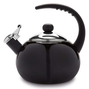 farberware luna water kettle, whistling tea pot, works for all stovetops, porcelain enamel on carbon steel, bpa-free, rust-proof, stay cool handle, 2.5qt (10 cups) capacity (black)