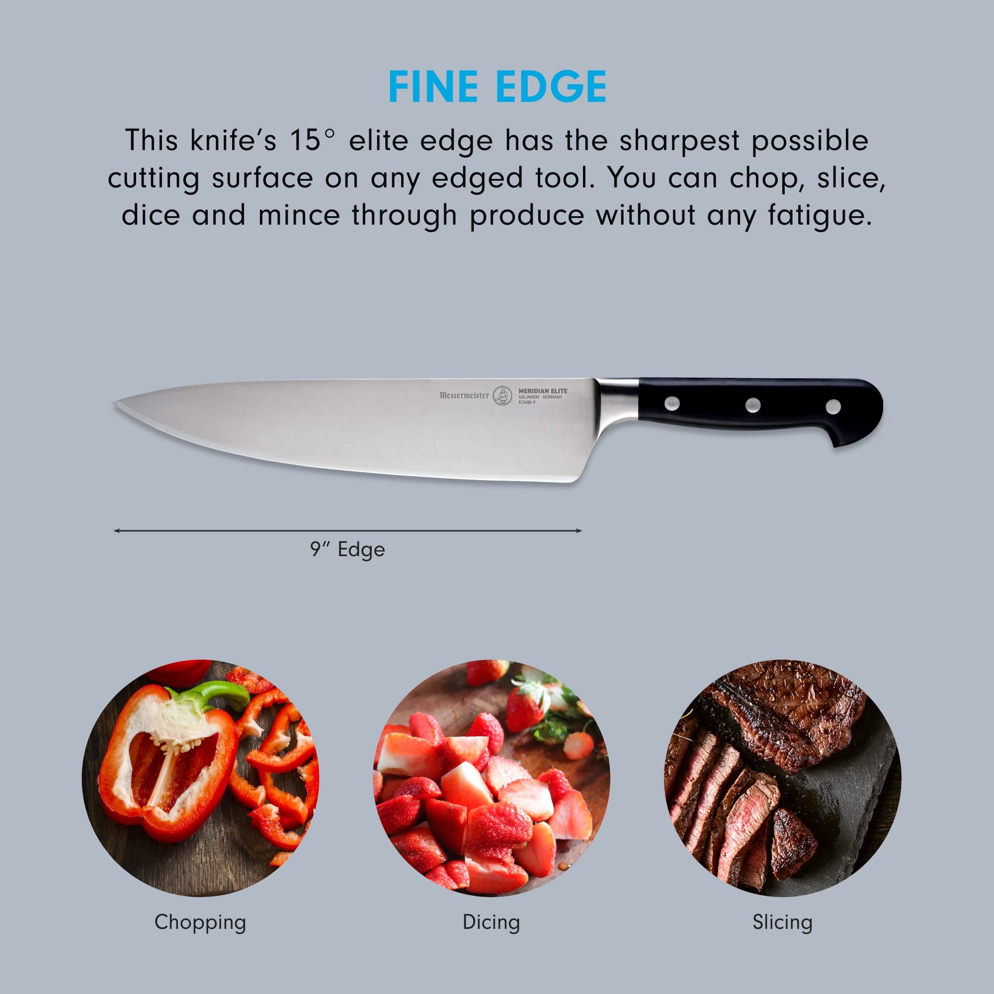 Messermeister Meridian Elite 9” Traditional Chef’s Knife - Fine German Steel Alloy Blade - Rust Resistant & Easy to Maintain