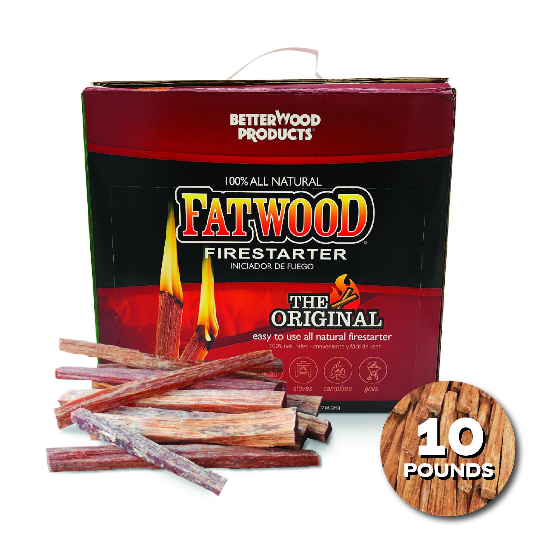 Betterwood 10 Pound Fatwood Natural Pine Firestarter 1 Pack for Campfire, BBQ, or Pellet Stove, Non Toxic and Water Repellent