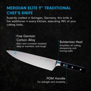 Messermeister Meridian Elite 9” Traditional Chef’s Knife - Fine German Steel Alloy Blade - Rust Resistant & Easy to Maintain