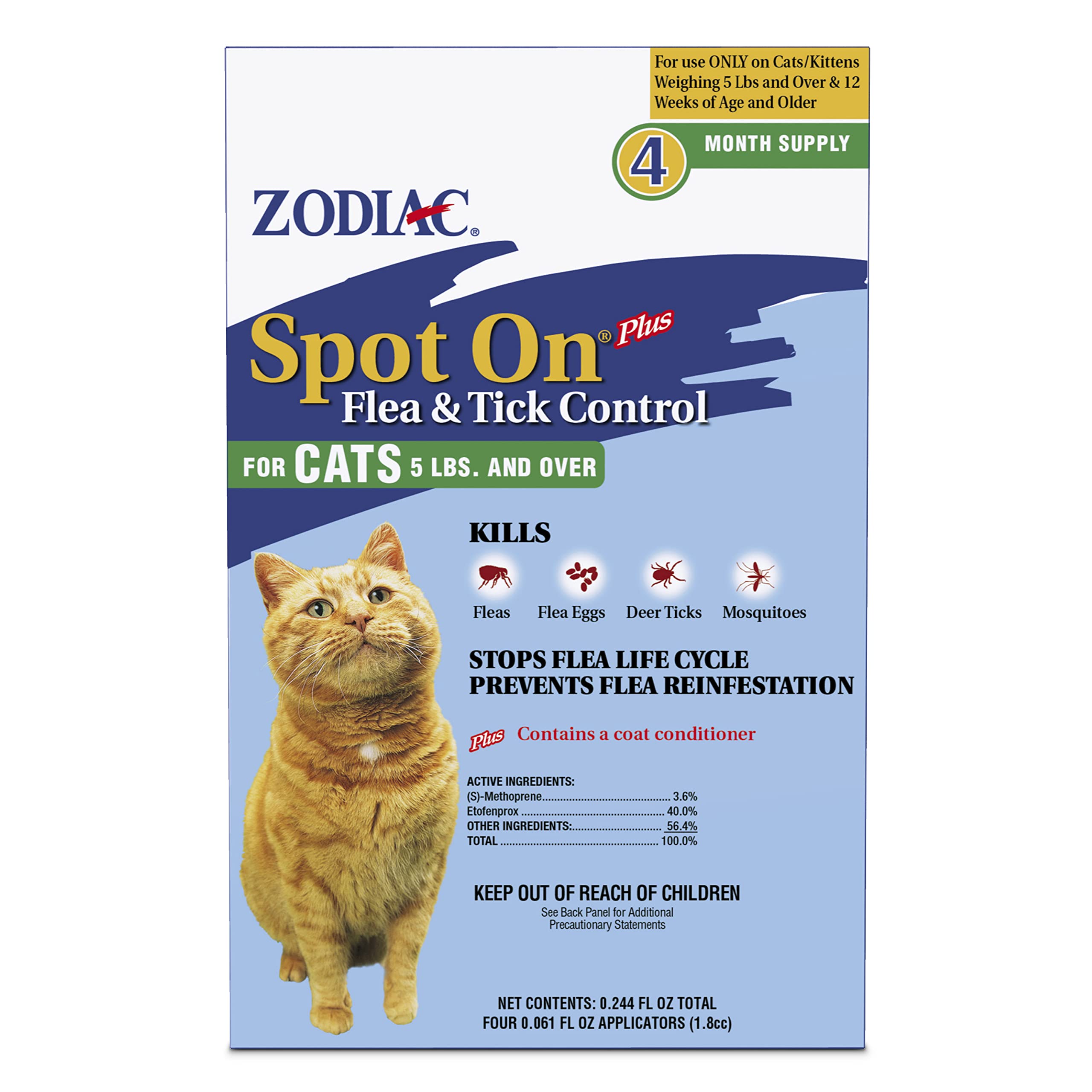 Zodiac Spot On Plus Flea & Tick Control for Cats 5 lbs and Over 4 Pack