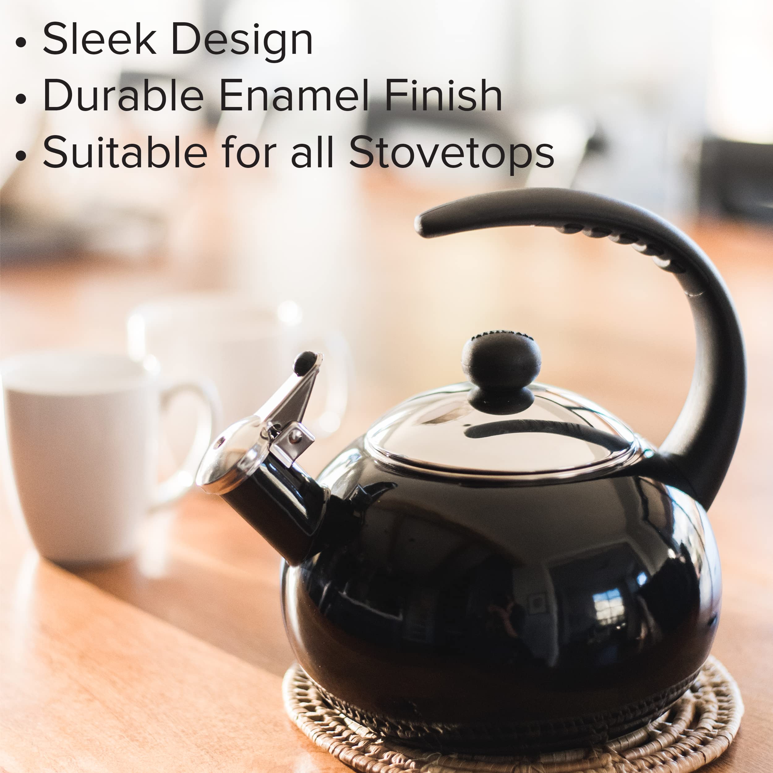 Farberware Luna Water Kettle, Whistling Tea Pot, Works For All Stovetops, Porcelain Enamel on Carbon Steel, BPA-Free, Rust-Proof, Stay Cool Handle, 2.5qt (10 Cups) Capacity (Black)