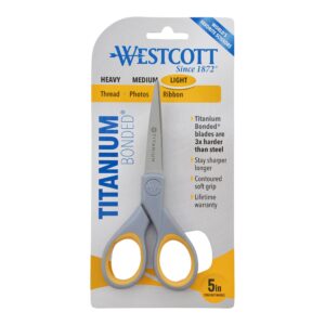 Westcott 13525 5-Inch Pointed Titanium-Bonded Crafting Scissors with Soft Handles, Gray/Yellow