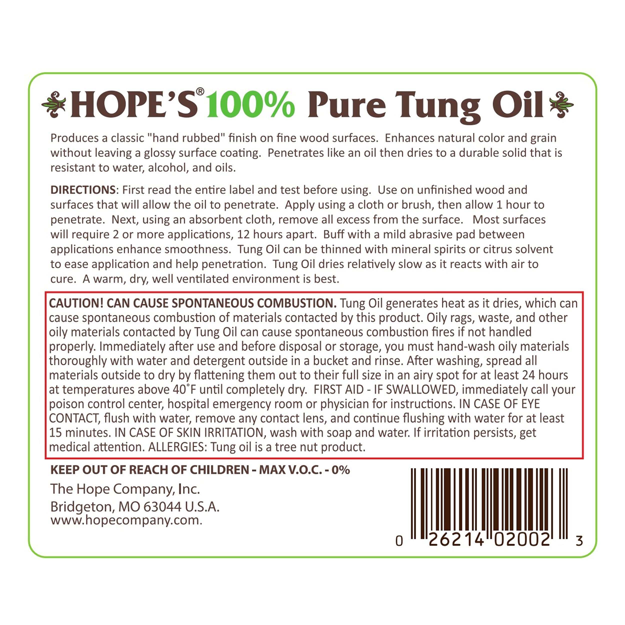 HOPE'S 100% Pure Tung Oil, Food Safe, Premium Waterproof Natural Wood Finish and Sealer for Indoor and Outdoor Projects, 32 Fl Oz, 1 Pack