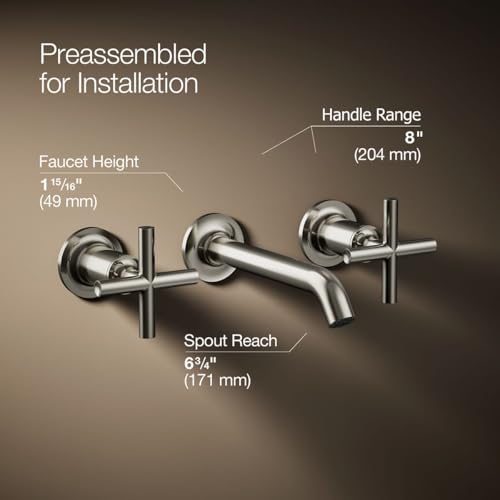 KOHLER Purist® Widespread wall-mount bathroom sink faucet trim with 6-1/4" spout and cross handles, requires valve