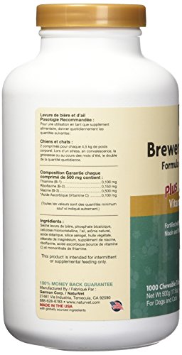 NaturVet Brewers Dried Yeast Formula with Garlic Flavoring Plus Vitamins for Dogs and Cats, Chewable Tablets, Made in The USA with Globally Source Ingredients 1000 Count