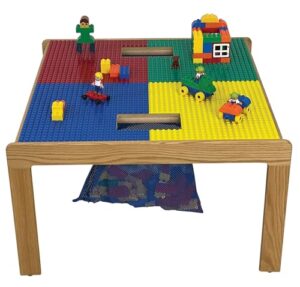 fun builder table-compatible with duplo® brand blocks w/storage nets-100% american made-solid maple wood frames-patent pending table assembly-no tools and no hardware-ready in 10 minutes!-32" x 32"