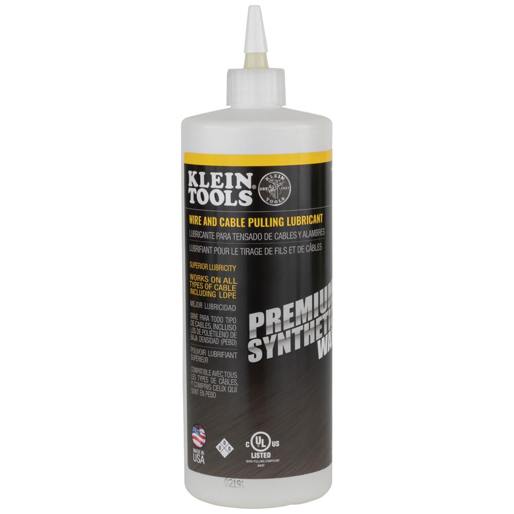 Klein Tools 51010 Premium Synthetic Wax Wire and Cable Pulling Lubricant, Made in USA, 1-Quart Squeeze Bottle