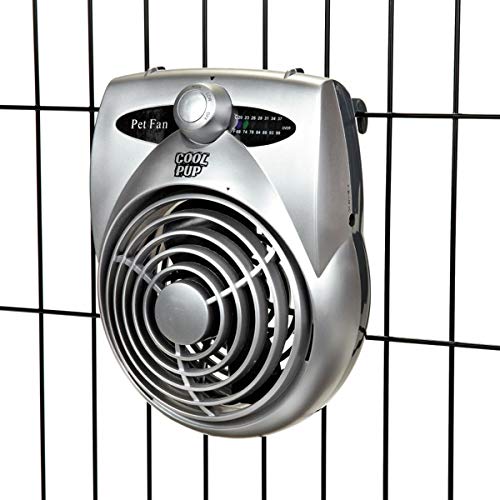 Cool Pup Crate Fan, 8x6.25x2.5” in Size – Quiet Battery Fan Keeps Dogs & Cats Cool with Built-in Thermometer, Silver