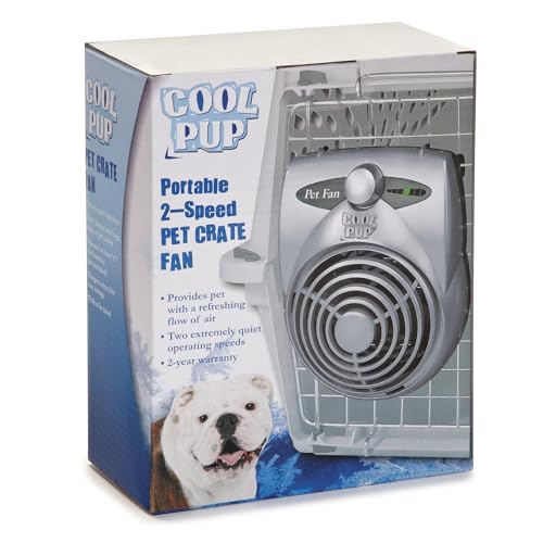 Cool Pup Crate Fan, 8x6.25x2.5” in Size – Quiet Battery Fan Keeps Dogs & Cats Cool with Built-in Thermometer, Silver