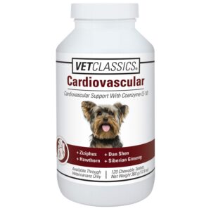 vet classics cardiovascular support with coenzyme q-10 for dogs, supports cardiovascular system with ziziphus, dan shen, hawthorn, & siberian ginseng, 120 chewable tablets