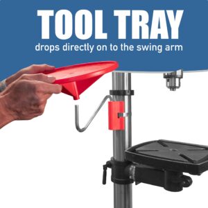 Peachtree Woodworking Supply Drill Press Tool Tray with 11 inch Diameter 360 Degree Rotating Tray • Steel Swing Arm • Mounting Bracket and 4 inch Steel Band Clamp