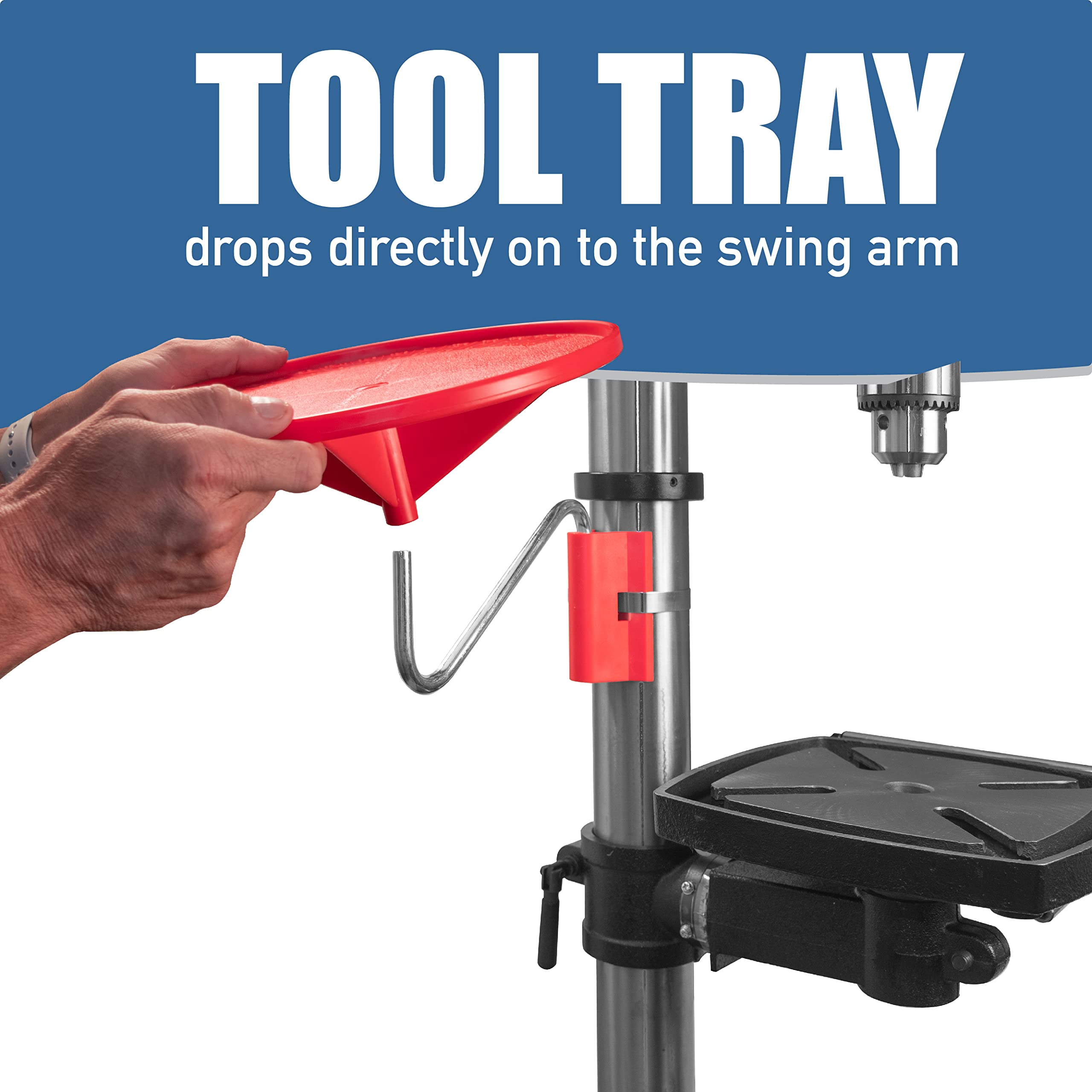 Peachtree Woodworking Supply Drill Press Tool Tray with 11 inch Diameter 360 Degree Rotating Tray • Steel Swing Arm • Mounting Bracket and 4 inch Steel Band Clamp