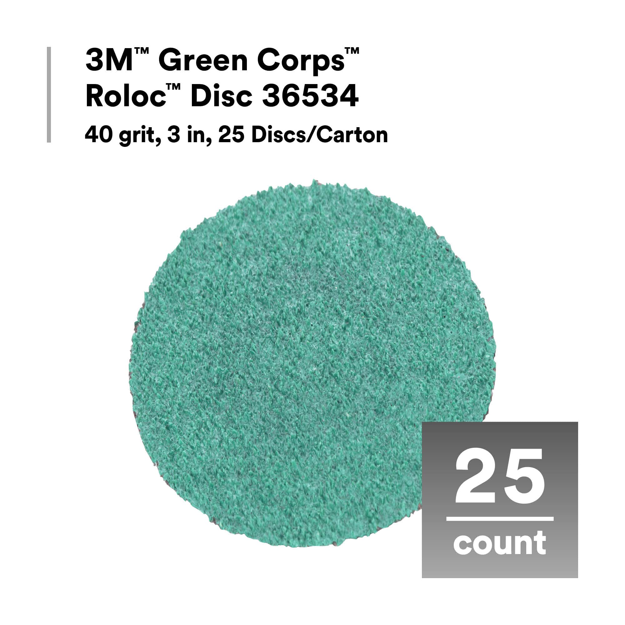 3M Green Corps Roloc Disc 36536, 80+ Grit, 3 in, Pack of 25 Heavy Duty, Quick Change Discs for Grinding, Coating Removal, Fast Cutting